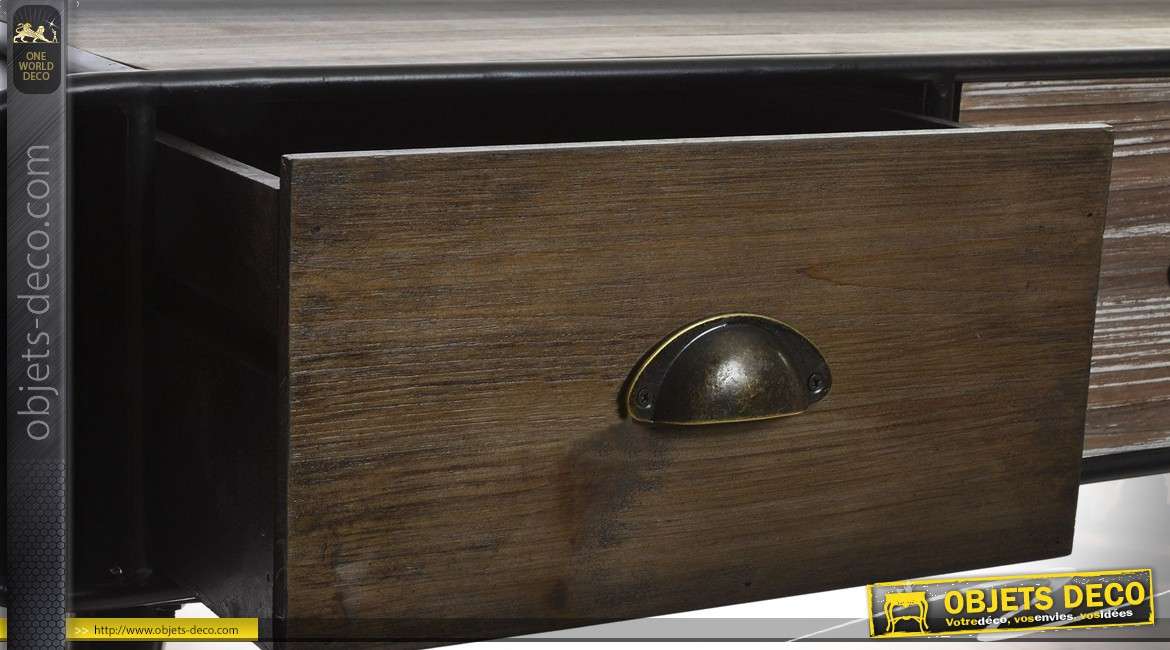 Console vintage en bois et métal avec 2 plateaux et 3 tiroirs