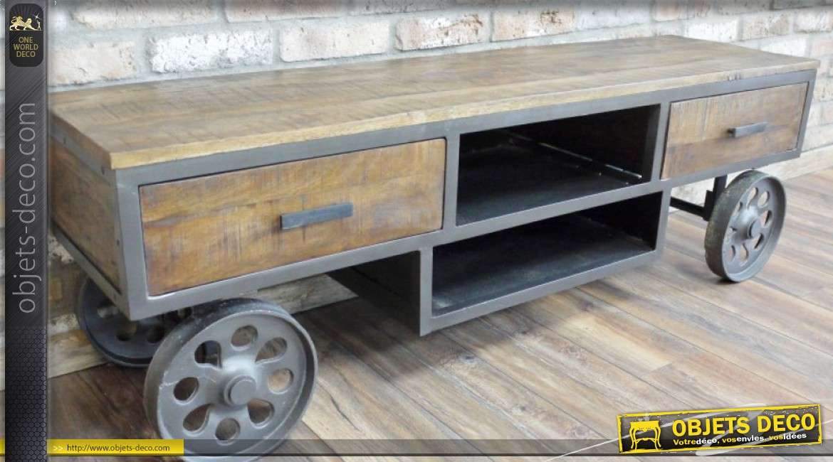 Meuble TV style chariot draisine industriel bois et métal 154 cm