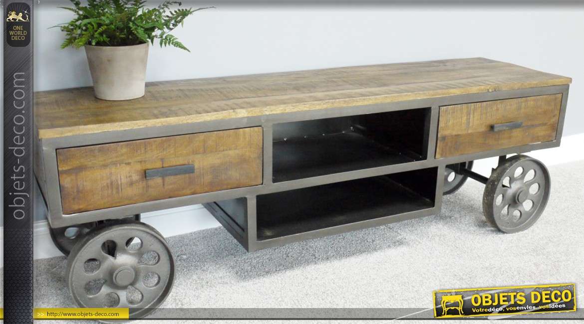 Meuble TV style chariot draisine industriel bois et métal 154 cm