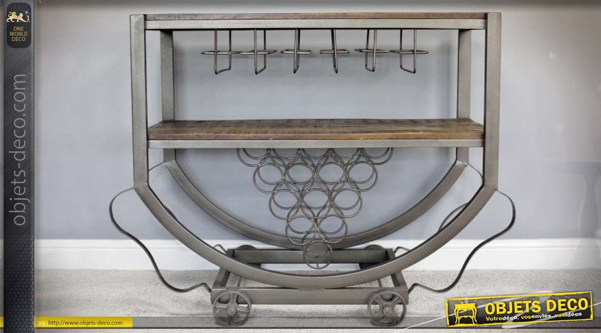 Meuble bar table à double plateaux bois et métal style wagonnet industriel