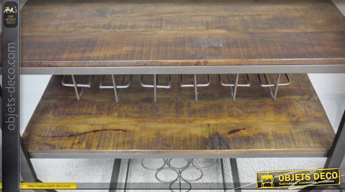 Meuble bar table à double plateaux bois et métal style wagonnet industriel