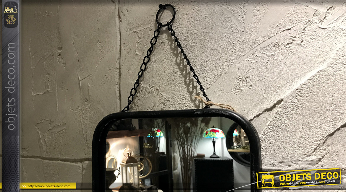 Miroir rétro et industriel en bois et métal noir avec étagère 50 cm