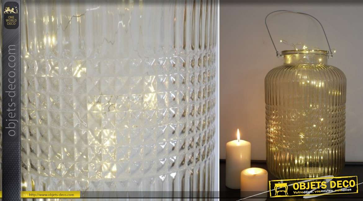 Vase / lanterne en verre ouvragé avec éclairage LED 60 cm