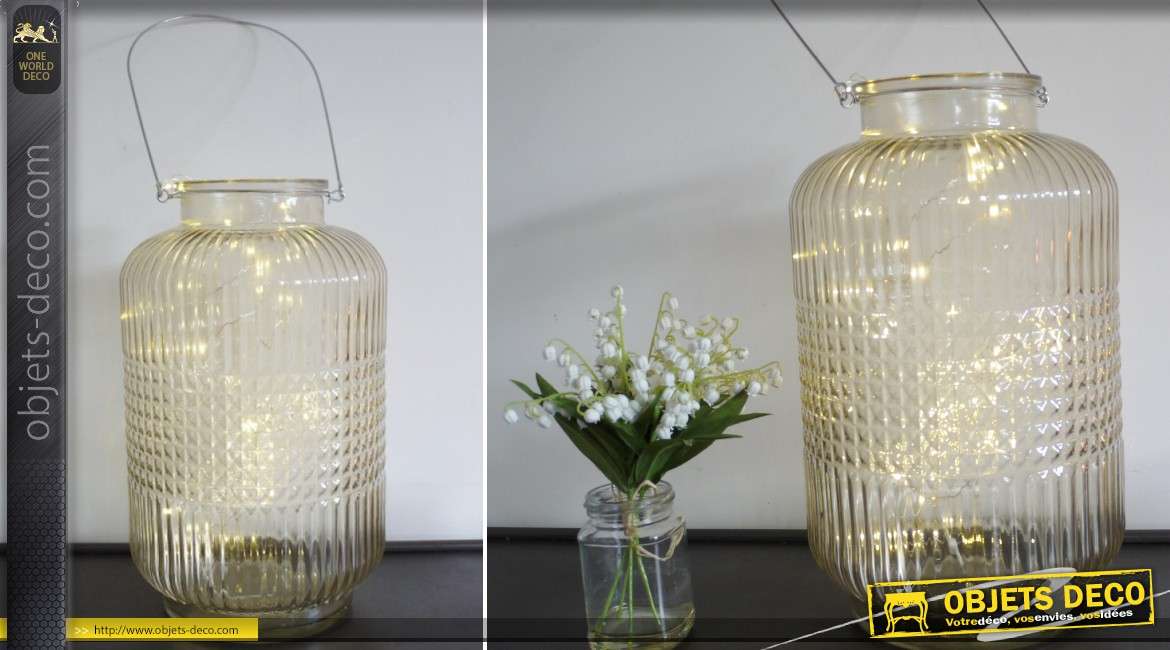Vase / lanterne en verre ouvragé avec éclairage LED 60 cm