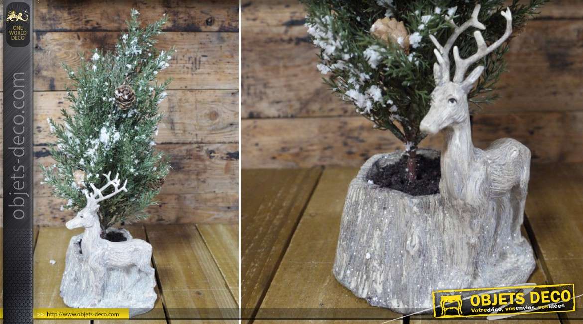 Sapin de Noël avec pot décoratif et statuette de cerf 35 cm