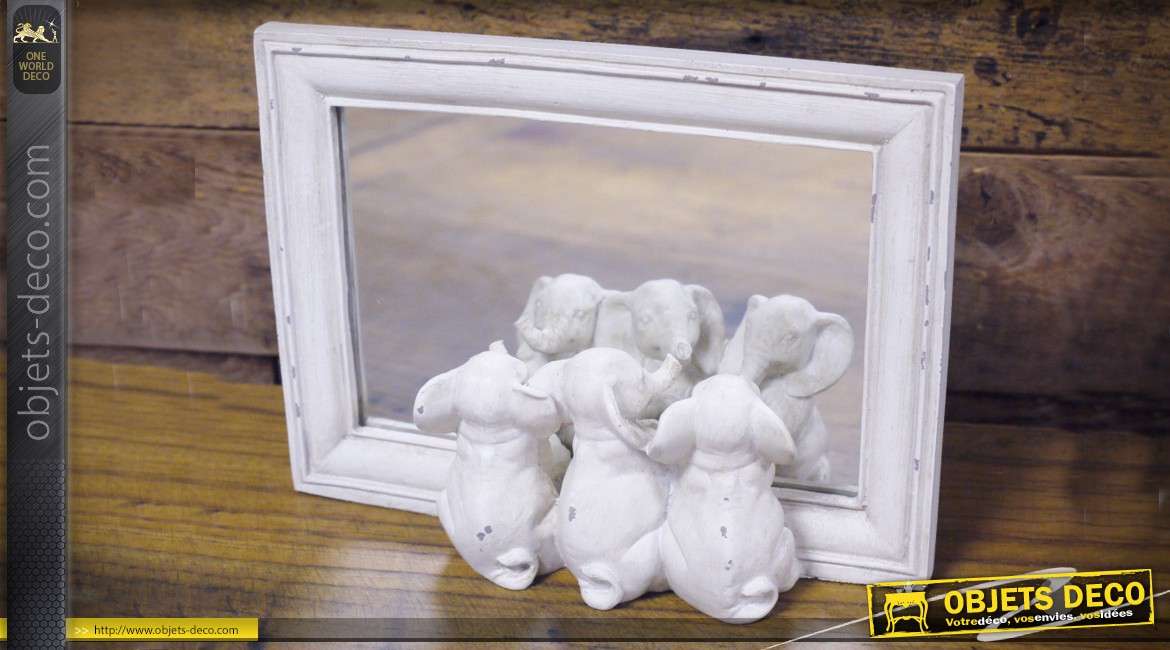 Miroir de table blanc avec 3 statuettes d'éléphanteaux 21 cm