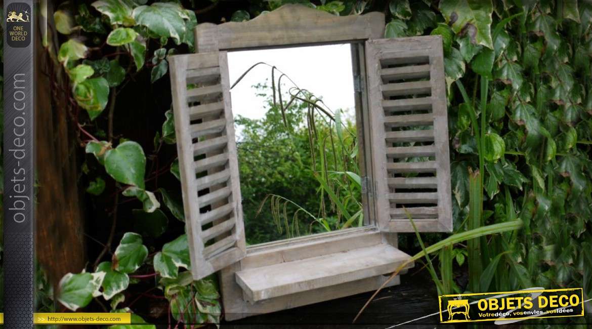 Miroir fenêtre en bois avec volets en persiennes 47 x 30 cm