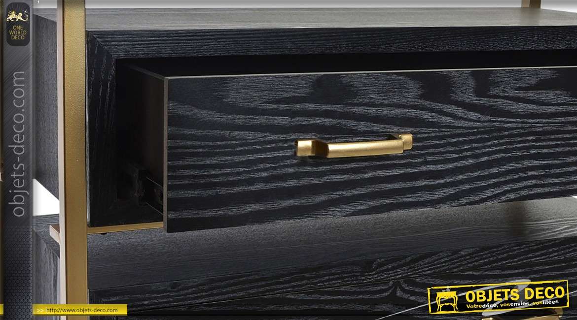 Commode design noir et or en bois et métal avec 3 tiroirs