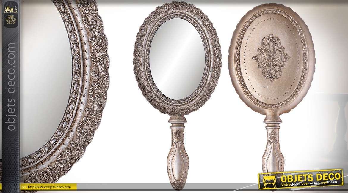 Miroir à main oval argenté style baroque 25 cm