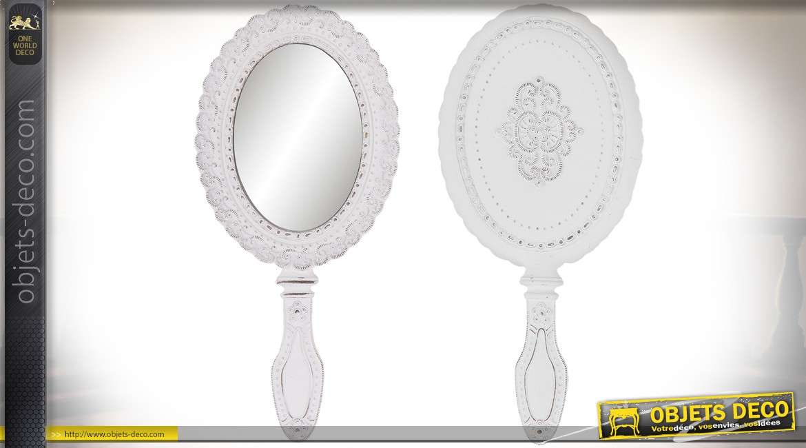 Miroir à main ovale de style baroque finition blanche 25 cm