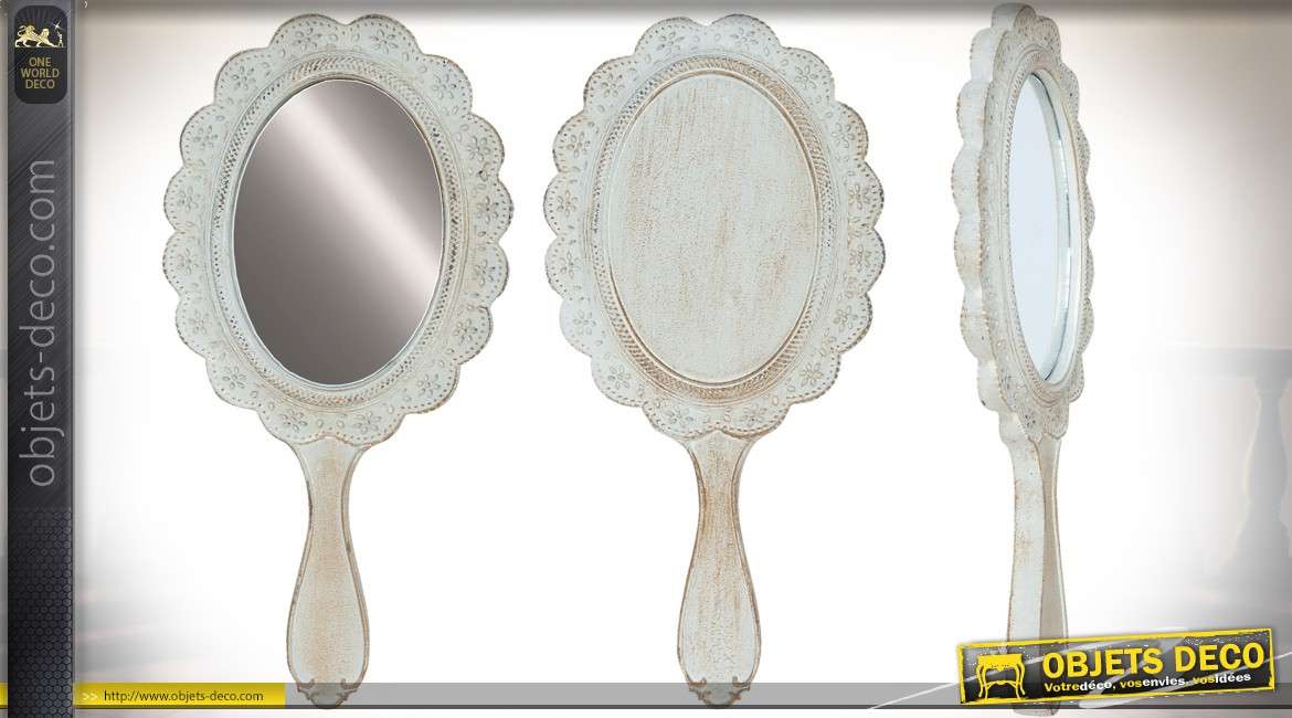 Miroir à main baroque de style rétro et baroque patine blanche 27 cm