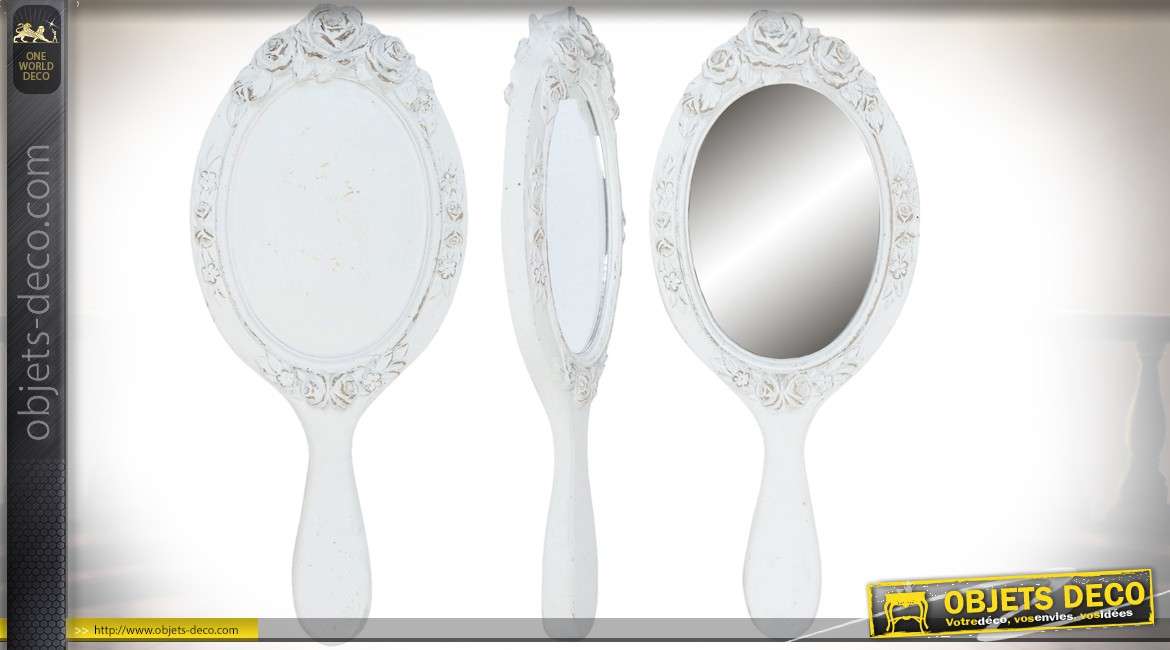 Miroir à main blanc et ovale de style romantique à motifs de roses 24 cm