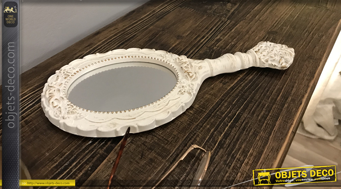 Miroir à main de forme ovale finition blanche, de style romantique, 29 cm