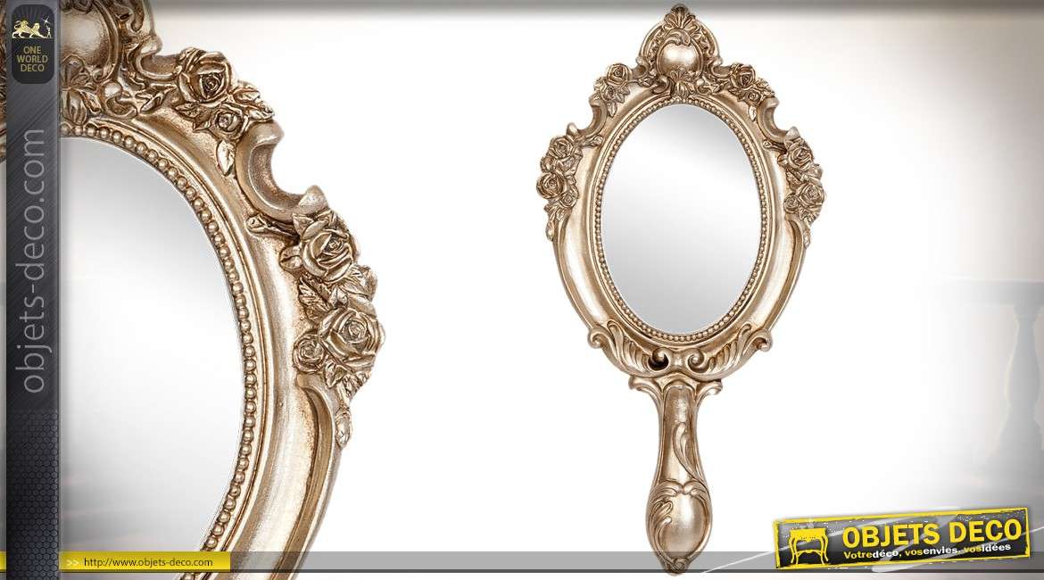 Miroir à main de style baroque patine vermeille 29 cm