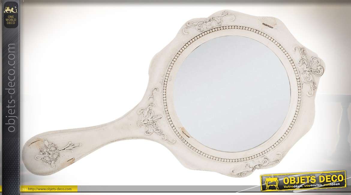 Miroir à main de style romantique patine blanc vieilli 32 cm