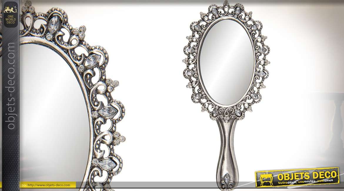 Miroir à main baroque argenté avec mini-brillants 18 cm