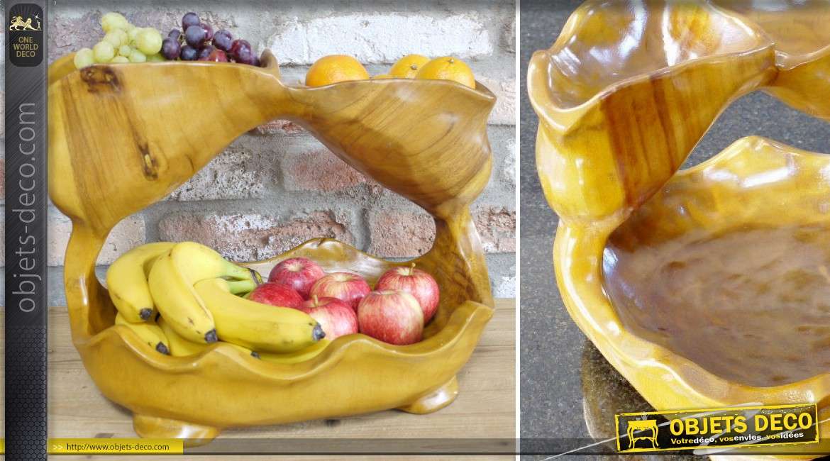 Corbeille à fruits originale et exotique en suar massif sculpté 37 cm
