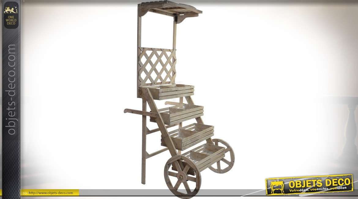 Chariot de présentation à 4 niveaux avec pergola finition bois naturel 180 cm