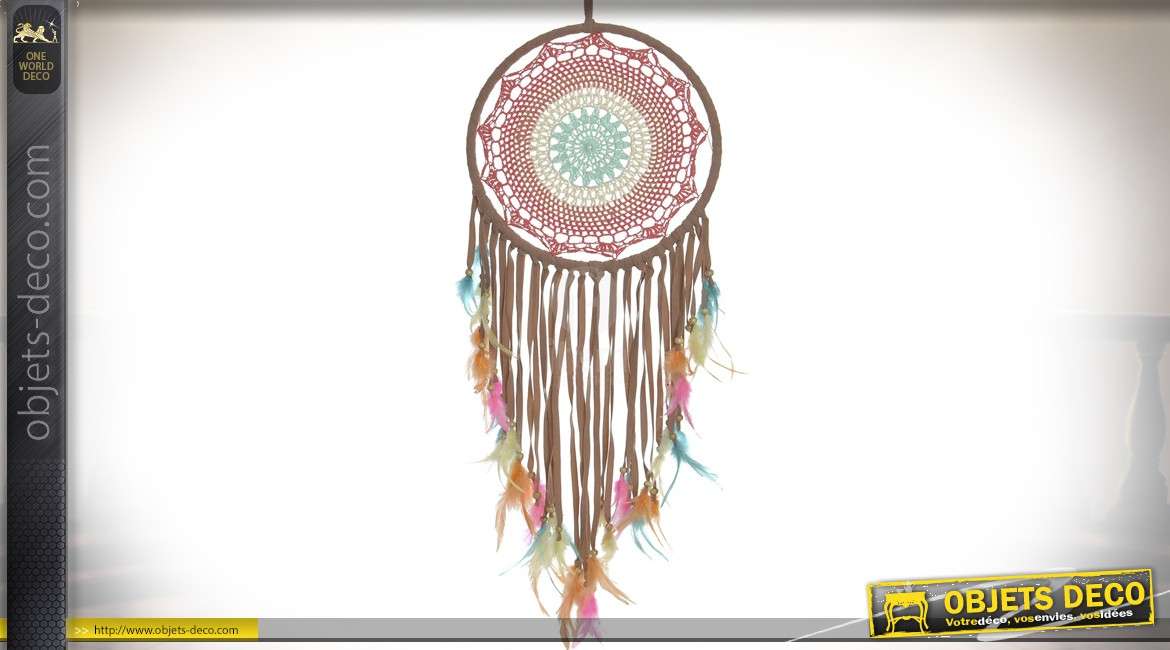 Attrape-rêves amérindien en coton tressé et plumes multicolores 100 cm