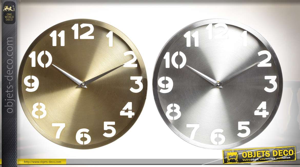 Série de deux horloges murales design en métal doré et argenté Ø 25 cm
