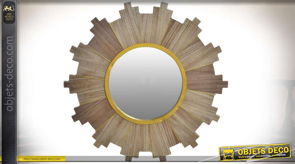 Miroir original en bois naturel oxydé et métal doré Ø 66 cm