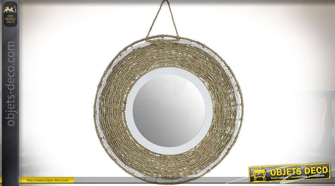 Miroir circulaire suspendu en bois et fibre tressée Ø 51 cm