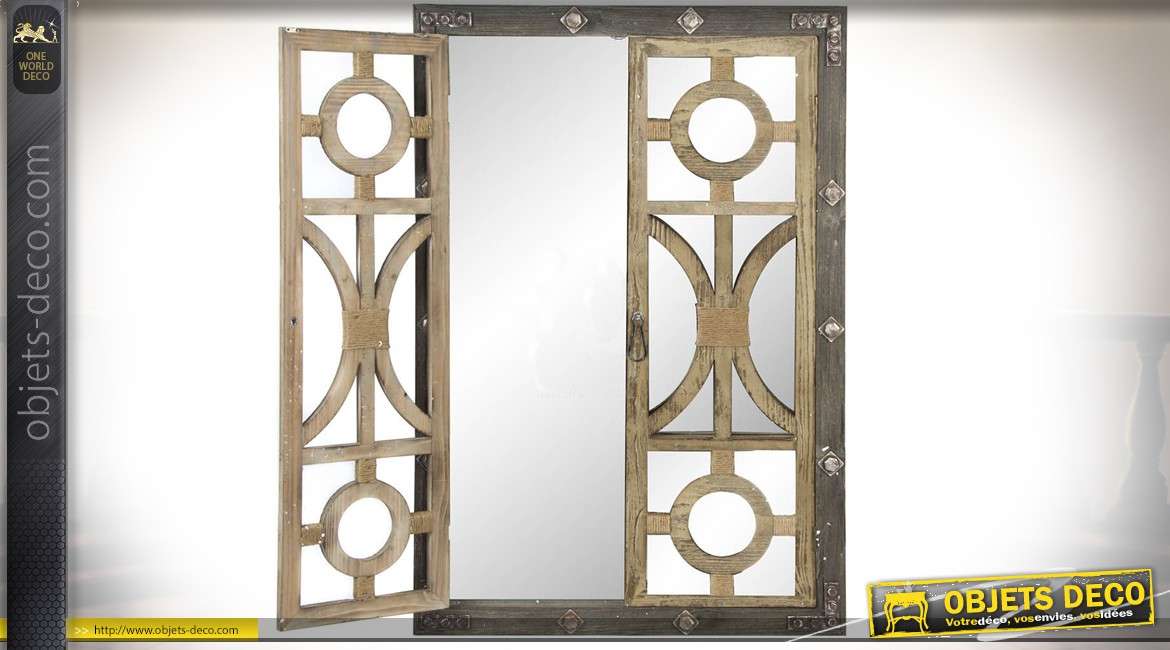 Miroir-fenêtre de style rustique et industriel en bois et métal 120 cm