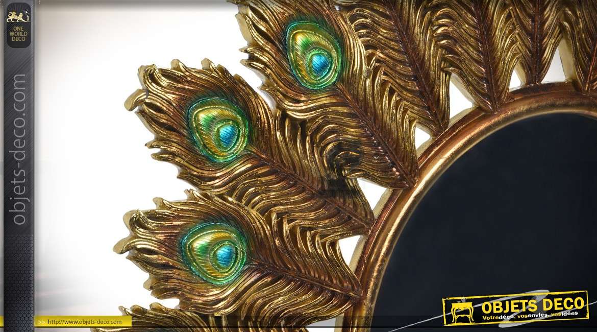 Miroir doré rond avec encadrement à motifs de plumes de paons Ø 50 cm