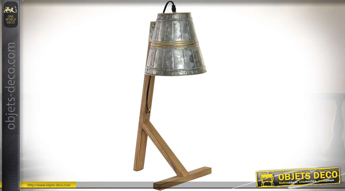 Lampe de bureau de style industriel en bois et métal vieilli aspect zinc 55 cm