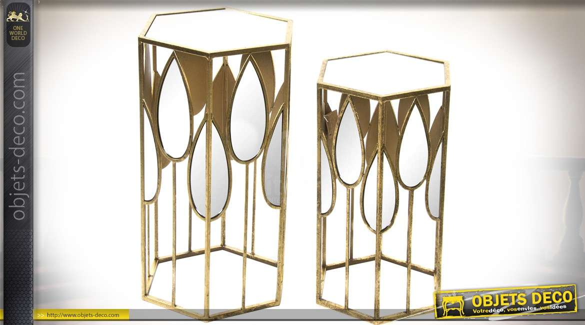 Duo de sellettes hexagonales design en métal doré et miroirs 70 cm