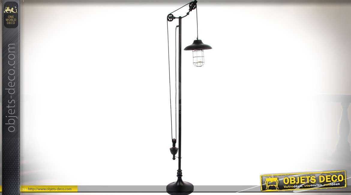 Lampadaire de style industriel et rétro avec poulies et poids 160 cm