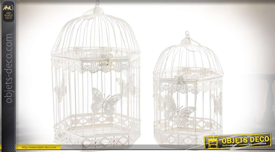 Série de deux cages à oiseaux hexagonales blanches en métal