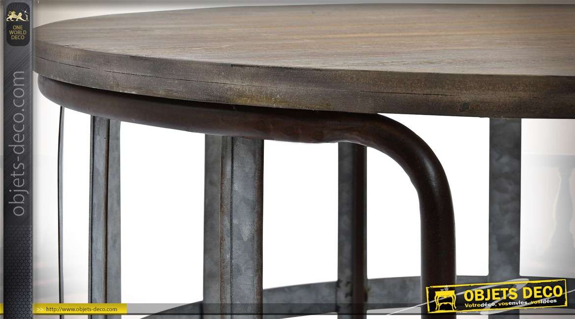 Duo de tables basses rondes en métal et bois vieilli style indus Ø 63 cm