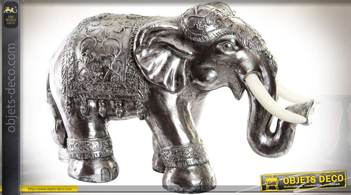 Statuette d'éléphant rendu effet métal argenté brillant : 66 cm