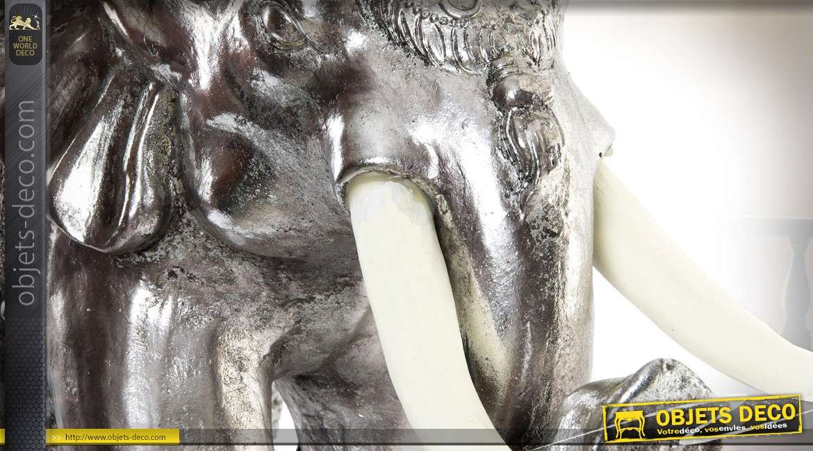 Statuette d'éléphant rendu effet métal argenté brillant : 66 cm