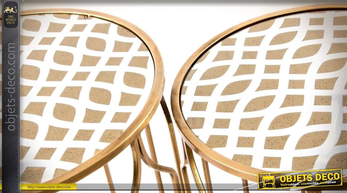 Série de 2 sellettes rondes en métal doré avec plateaux à motifs géométriques
