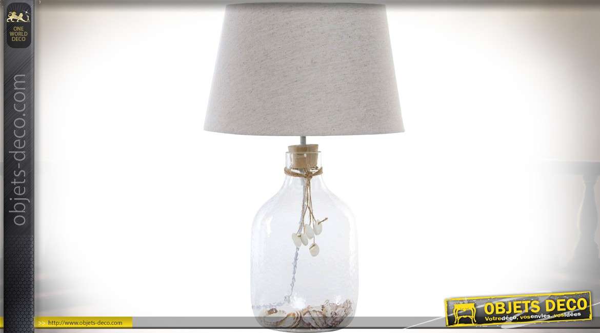 Lampe de salon en verre et coquillages esprit bord de mer 50 cm