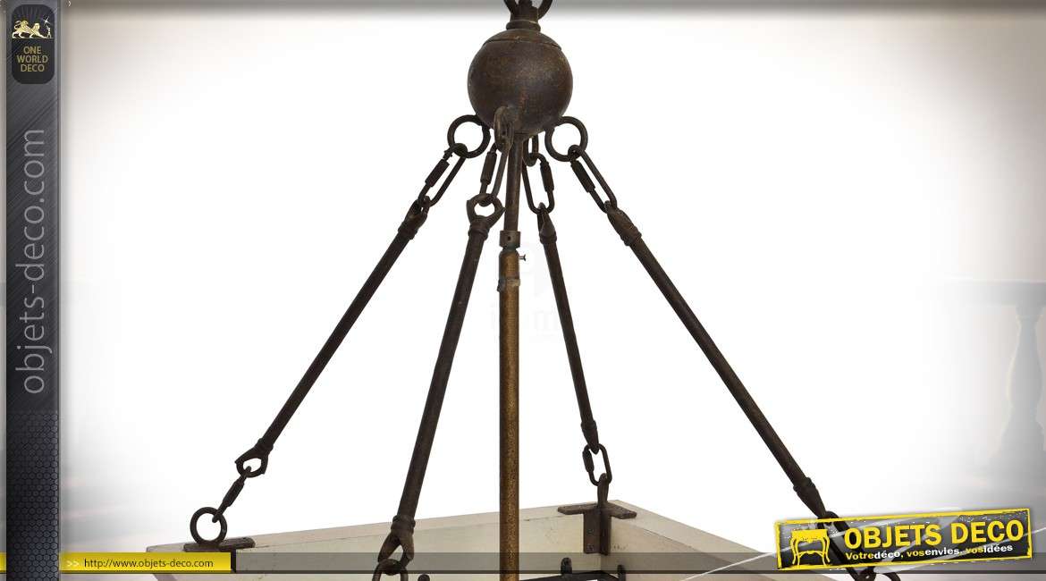 Suspension à 4 feux en bois et métal façon ancienne lanterne suspendue 80 cm