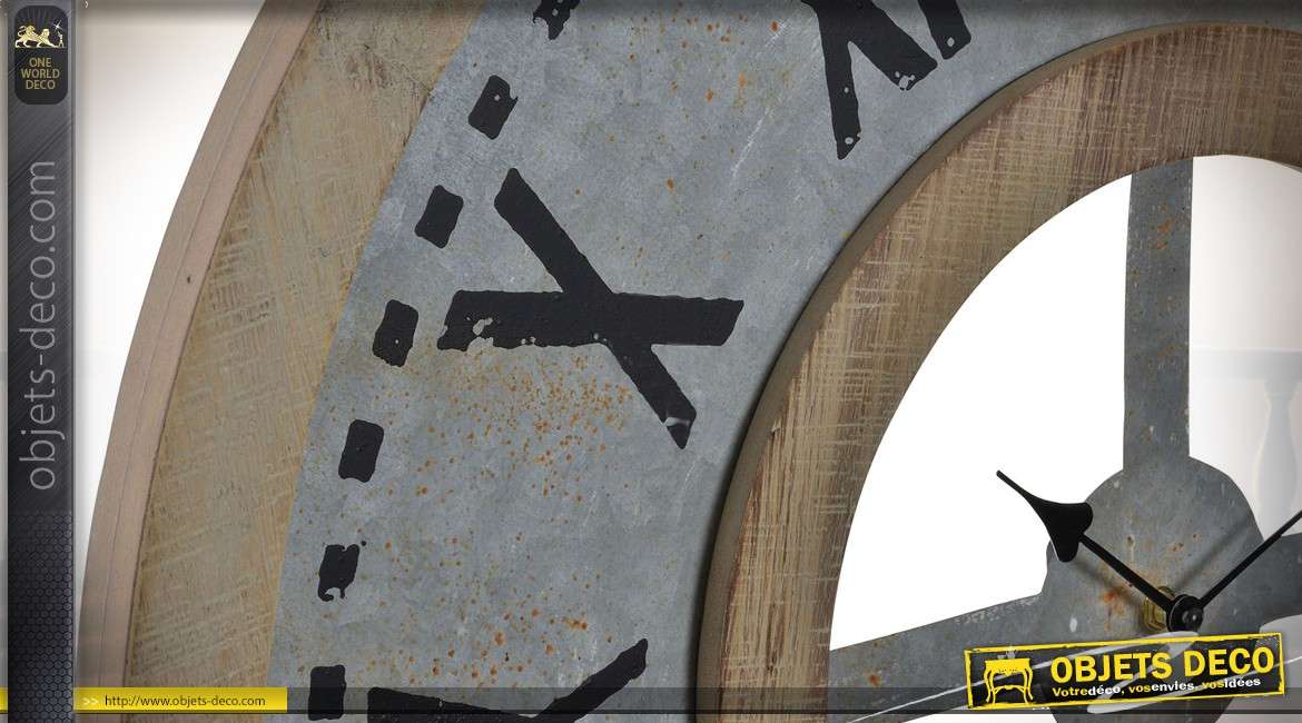 Horloge murale industrielle en bois et métal effet vieilli Ø 74 cm