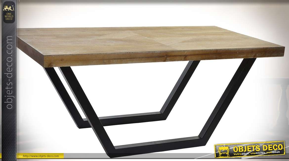 Table basse rustique et design et bois vielli et métal noir mat 120 x 60 cm