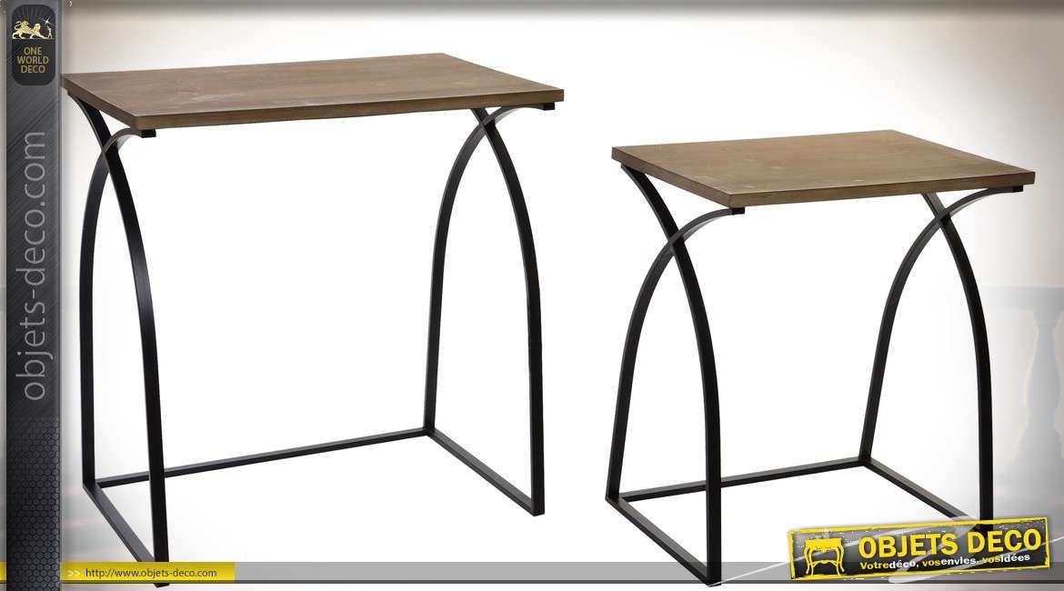 Série de 2 tables auxiliaires rectangulaires en bois vieilli et métal noir antique