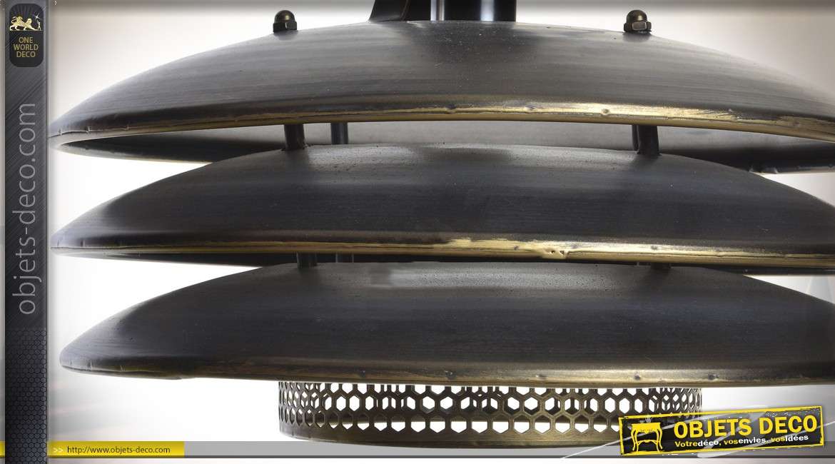 Suspension industrielle en métal doré vieilli à 3 disques Ø 37 cm