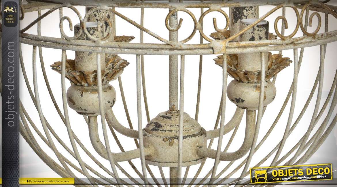 Suspension cage à oiseaux vintage éclairage 4 feux patine crème Ø 40,5 cm