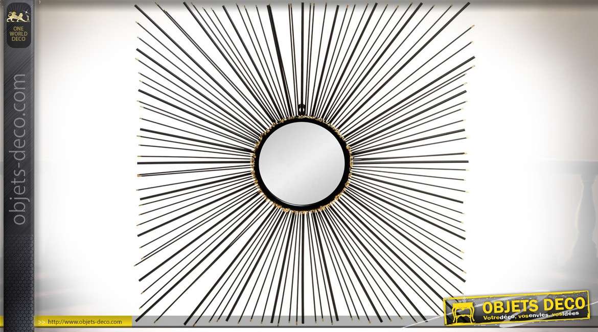 Miroir rond encadrement carré en rayonnements fils de métal noirs 71 x 71 cm