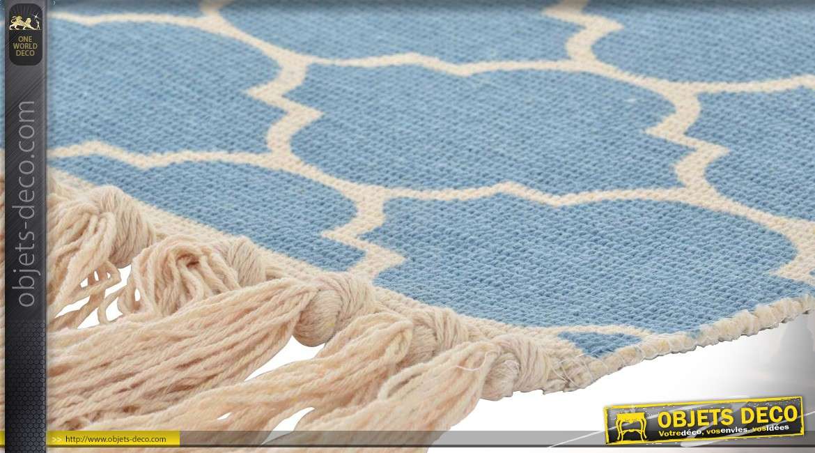Série de deux tapis en coton de style oriental 90 x 60 cm coloris bleu et écru