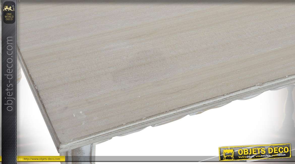 Table basse retangulaire style oriental en bois sculpté patine blanche