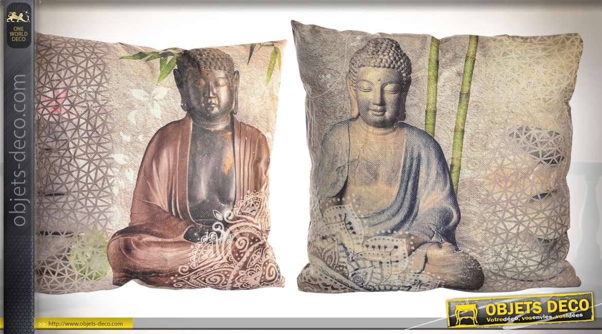 Série de deux coussins complets style zen avec illustrations de bouddhas 43 x 43 cm