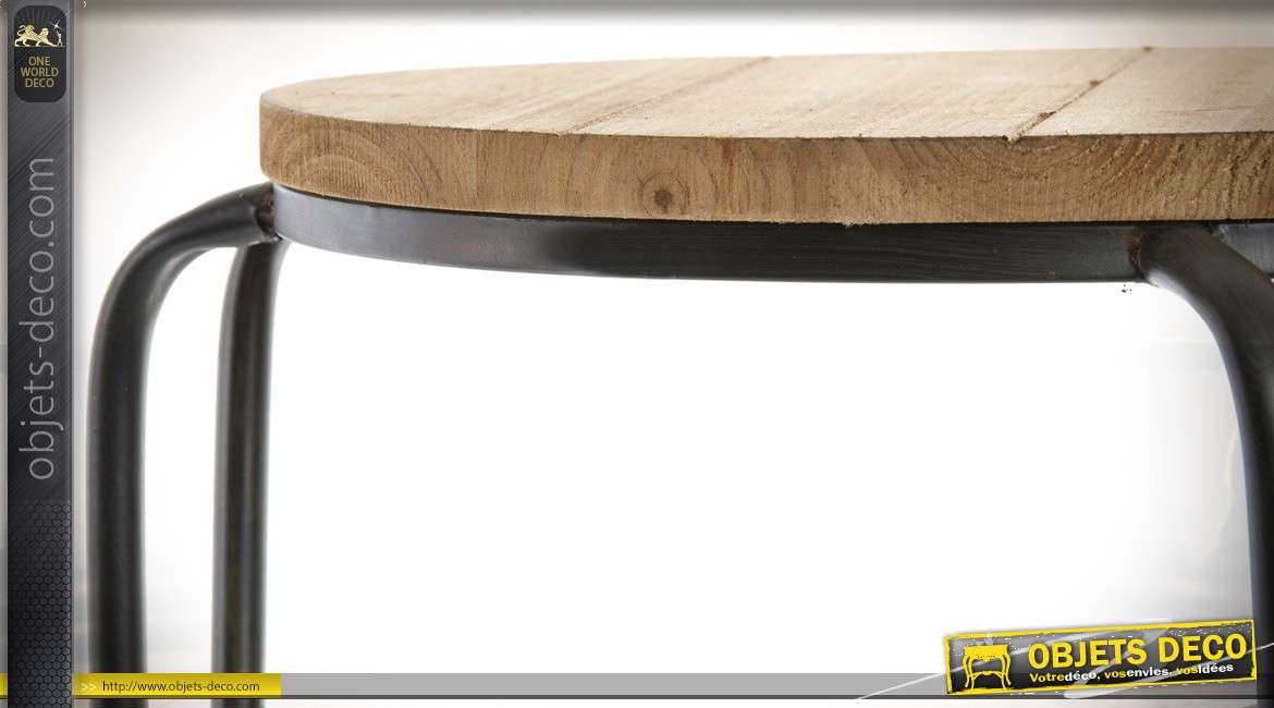 Tabouret rond en bois et métal de style meuble d'atelier 46 cm