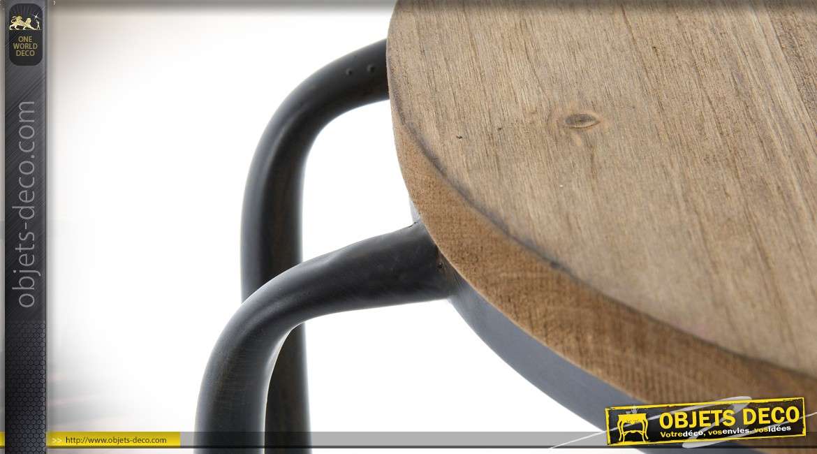 Tabouret rond en bois et métal de style meuble d'atelier 46 cm