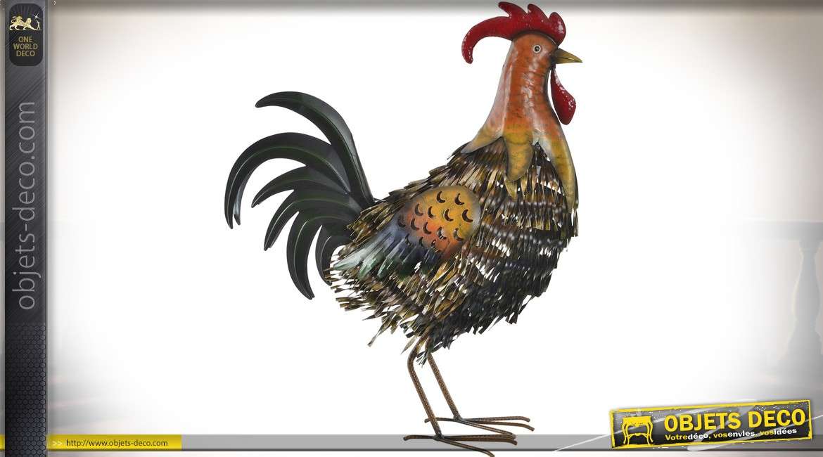 Coq décoratif en métal plumage stylisé multicolore 55 cm